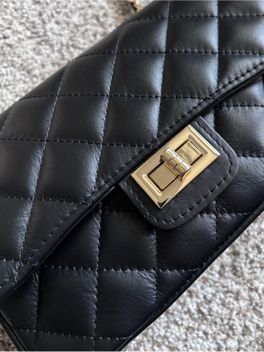 Designer-Inspired Quilted Black Italian Leather Flap -Gold Chain Shoulder Bag - Picture 13 of 13